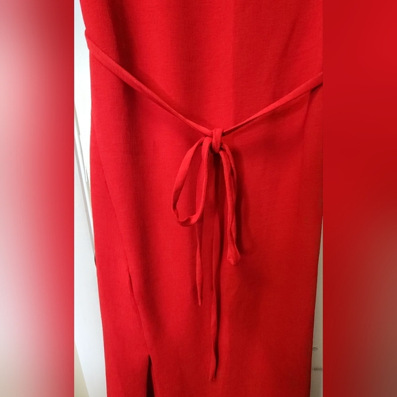 Zara ZW Collection Red Belted Long Dress Wide Neck Side Slit Size XS - Picture 4 of 16